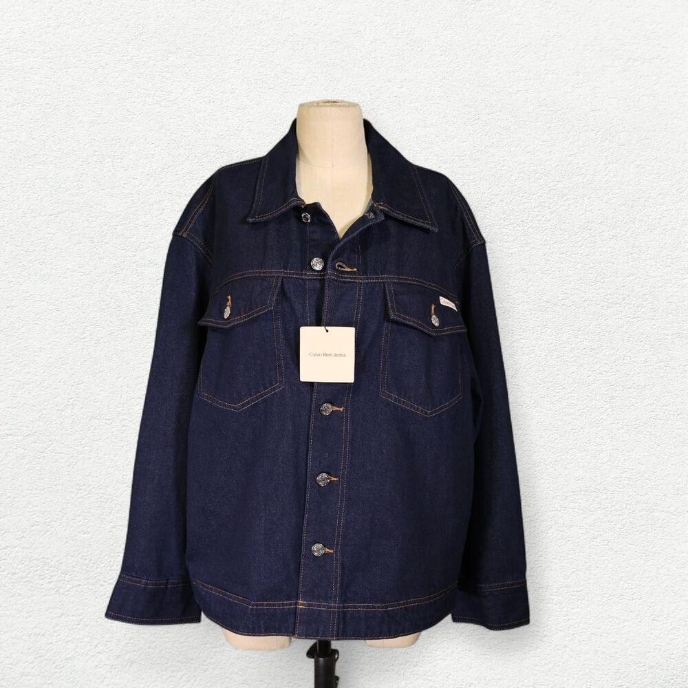 Calvin Klein Jeans Denim Cinched Belted Jacket in Clean Dark Blue Rinse